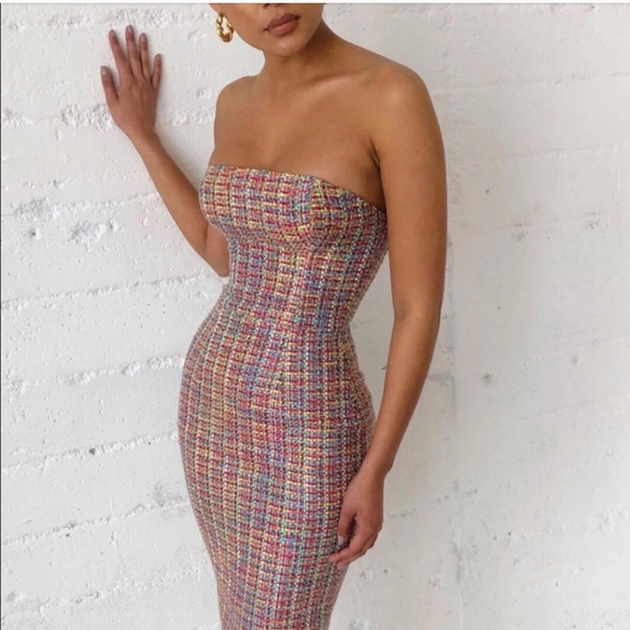 House of CB Gabrielle Multicolor Strapless Tweed Dress Size S - Picture 2 of 7